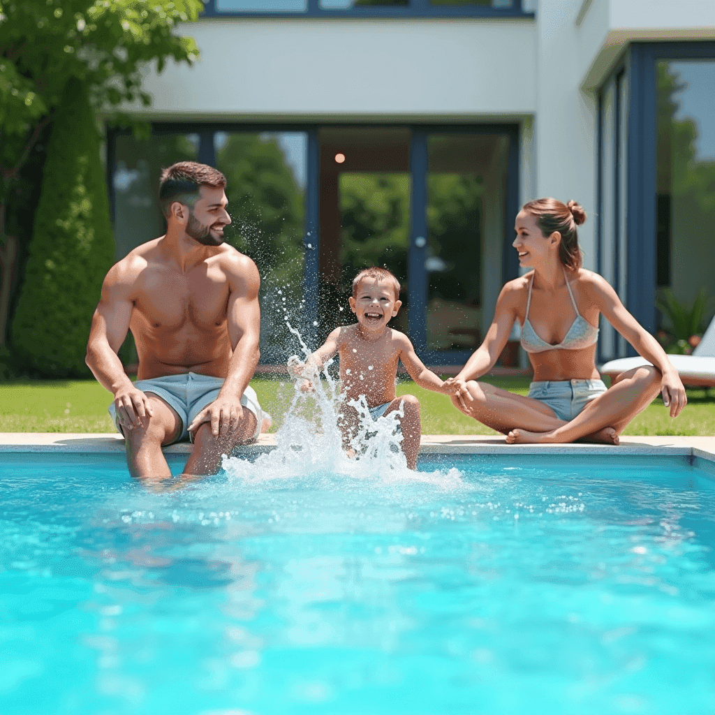 Famille profitant de leur piscine dans le jardin