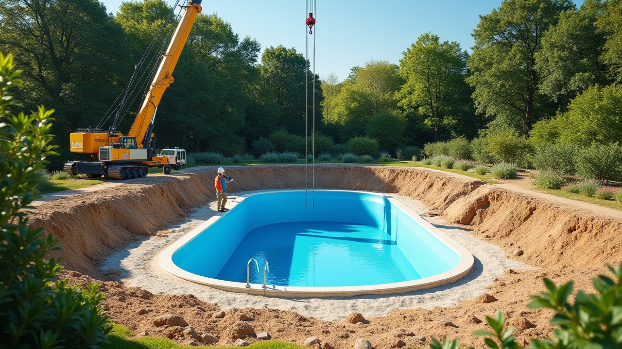 Piscine coque polyester installee dans un jardin